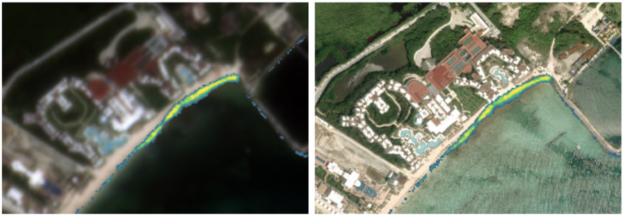 Here is an example of one of the SargAssure products showing the accumulation of sargassum on the beach fronting a hotel on the Mexican Caribbean Coast compared to true color Planetscope data (left) and Bing Aerial coverage (right). At these temporal and spatial resolutions timely mitigation activities can be deployed more effectively. Image credit: SargAssure © Bing Aerial. 