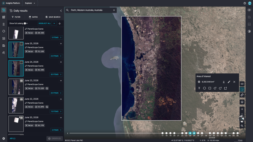 Find imagery over your areas of interest and order the imagery to access spectral bands or integrate data into your GIS workflows.