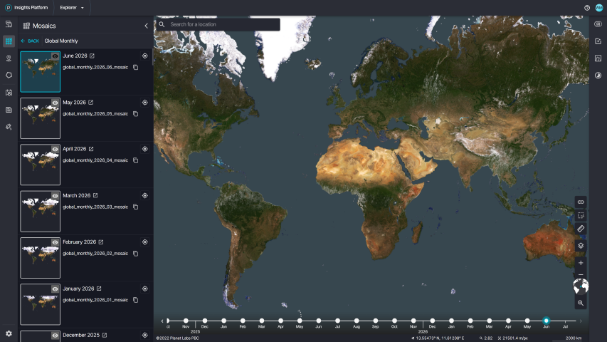 Explore imagery around the world through a global monthly visual mosaic to see change across broad areas and over time.