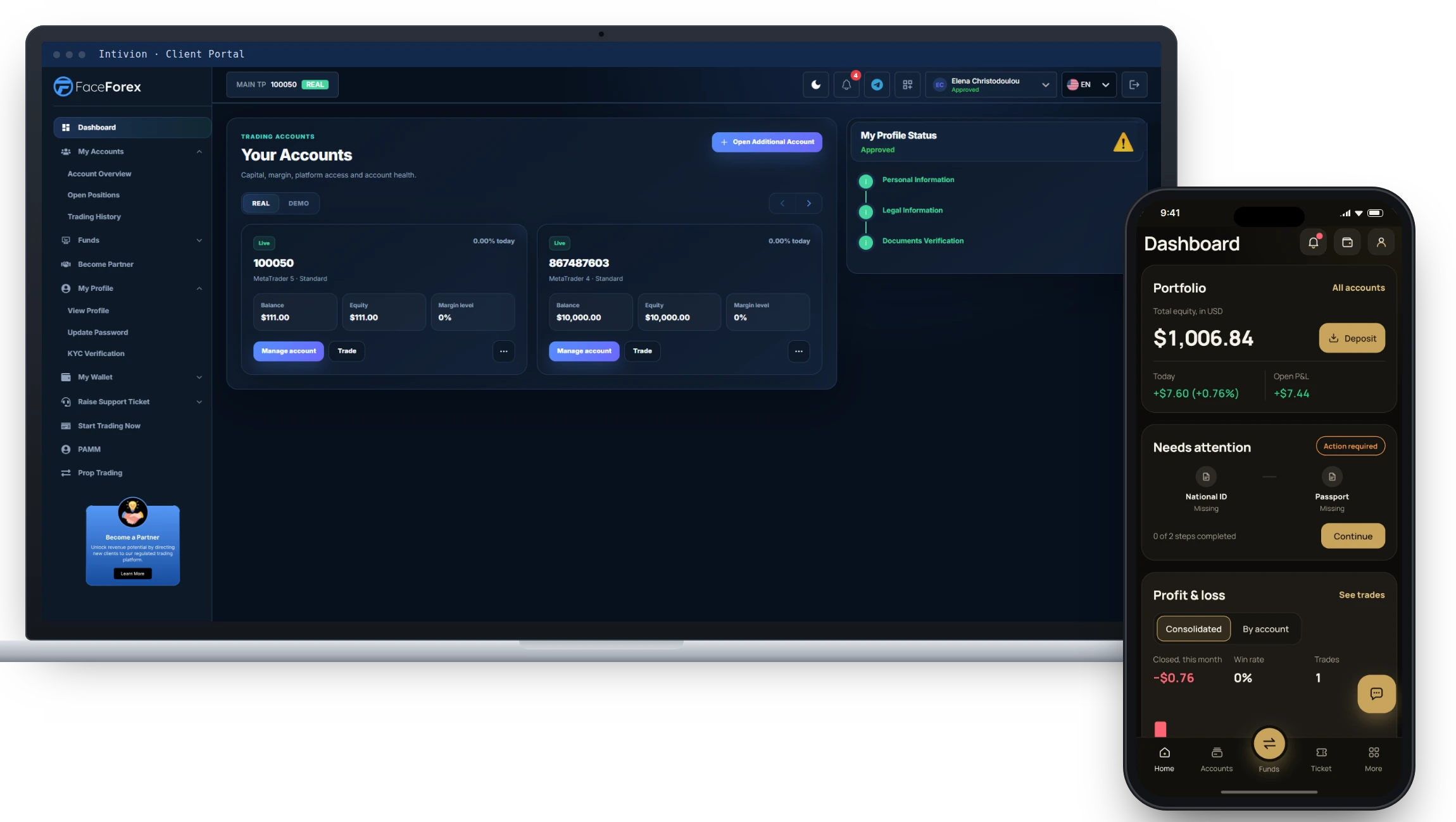 Intivion Client Portal on a laptop and a phone: the web portal showing trading accounts and profile status, and the mobile app dashboard with portfolio equity, outstanding KYC documents and profit and loss