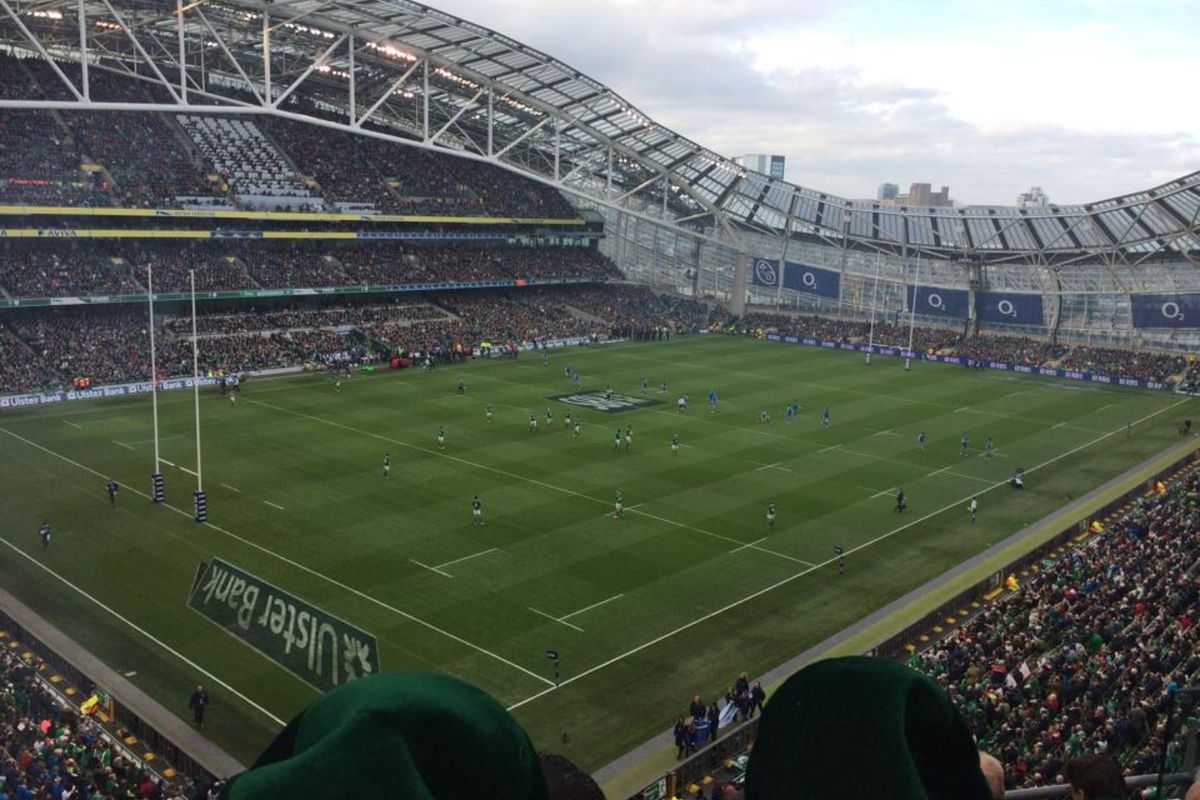 Full pitch view of an Ireland rugby match at Aviva Stadium from the upper stand.