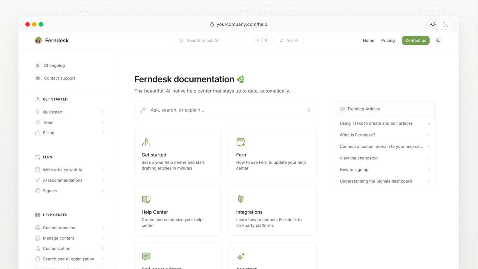 Image of Ferndesk home page that describes their ai-native help center as the The help center for those who hate writing docs