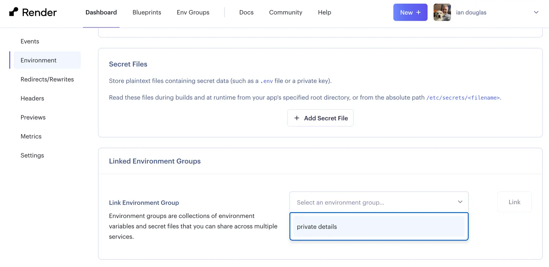 Screenshot showing the navigation to an application's environment settings on Render to link your new environment group