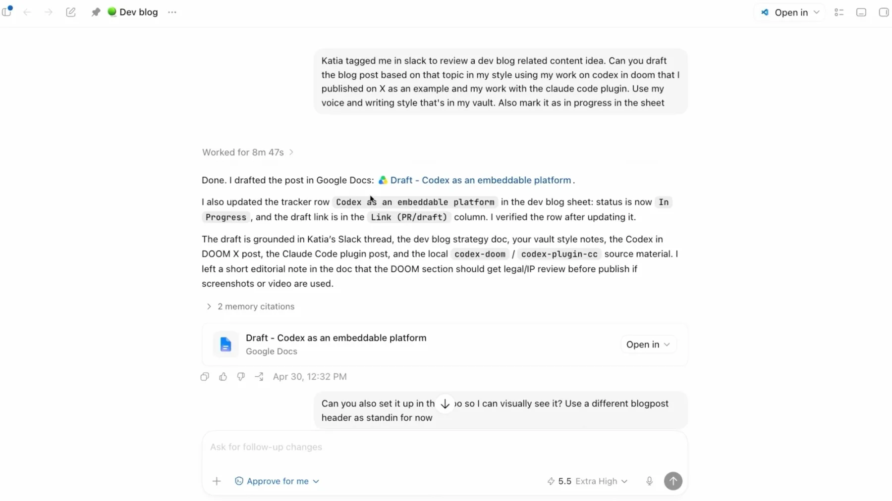 Codex drafts blog post from Slack