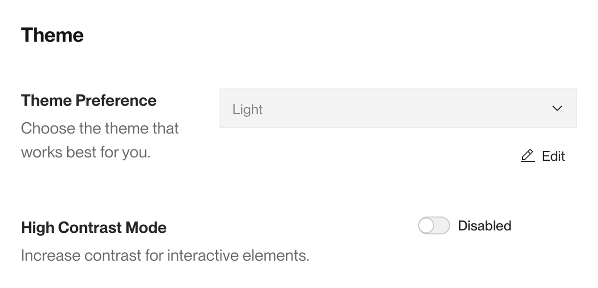 Theme settings on the account settings page