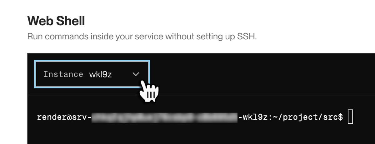 Selecting an instance in the dashboard shell