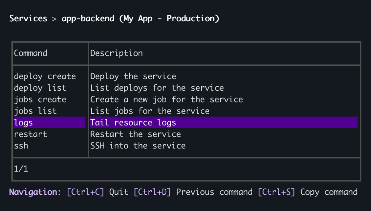 An interactive menu in the Render CLI