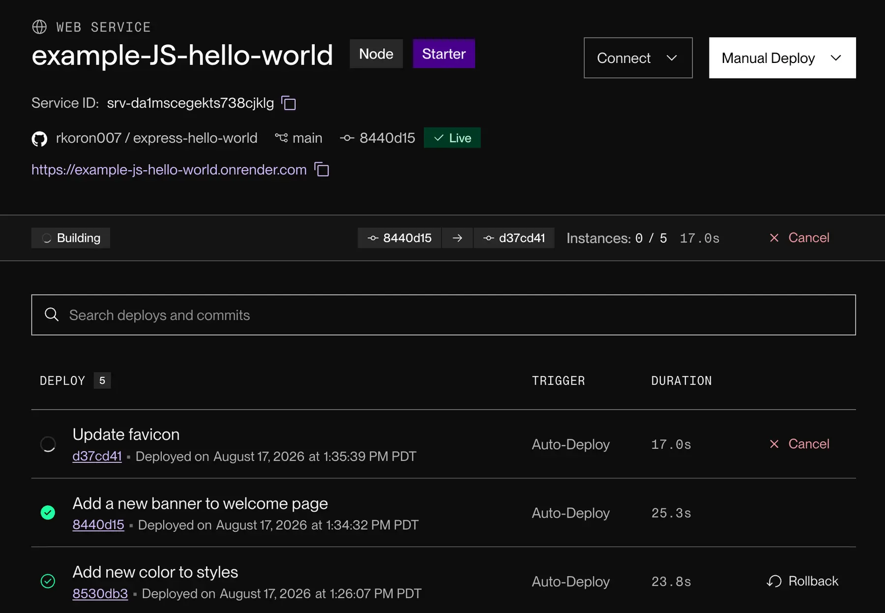 The Deploys page shows a service's deploy history, live version, and roll-out status.