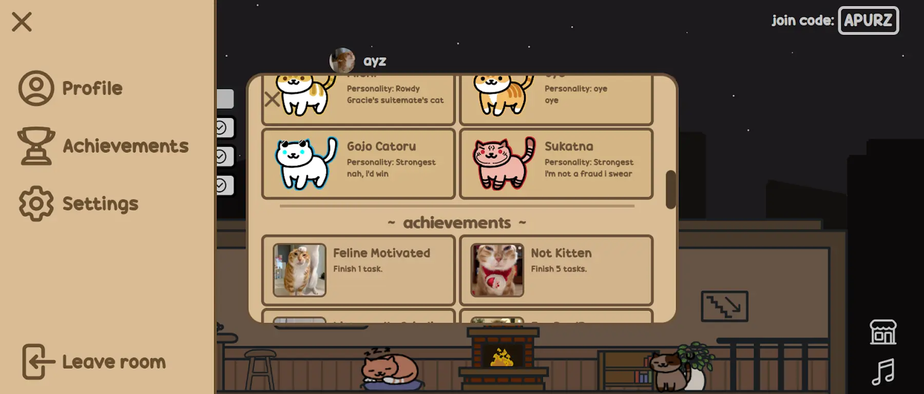 Completing tasks also unlocks achievements: more cats