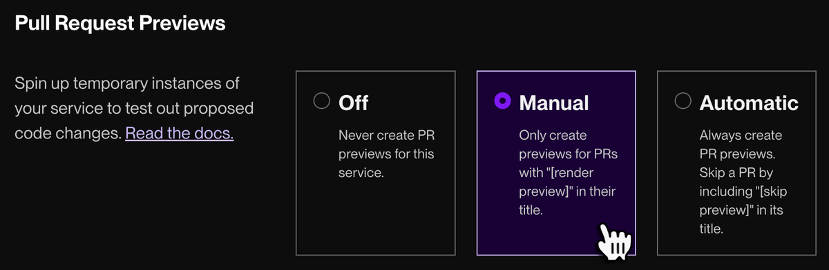 Configuring manual PR previews in the Render Dashboard