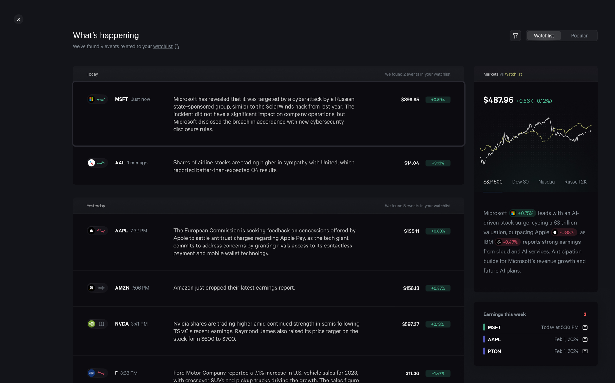 Fey shows you personalized updates about your portfolio.