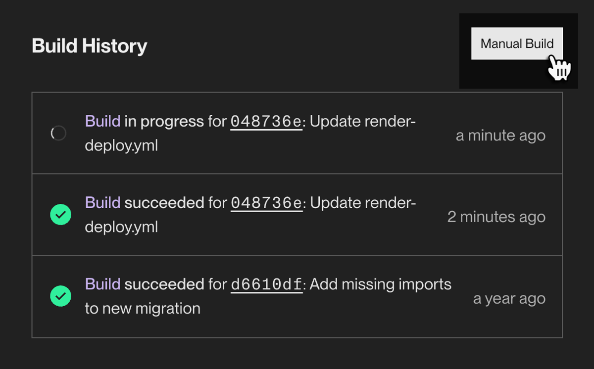 Triggering a manual cron job build in the Render Dashboard