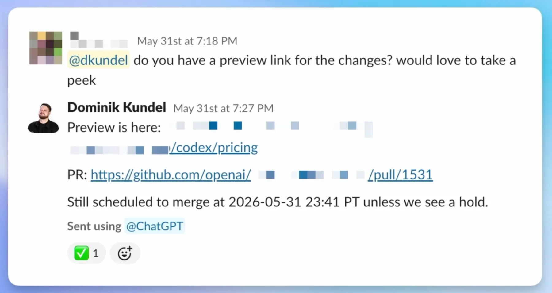 Codex answers Slack in his place