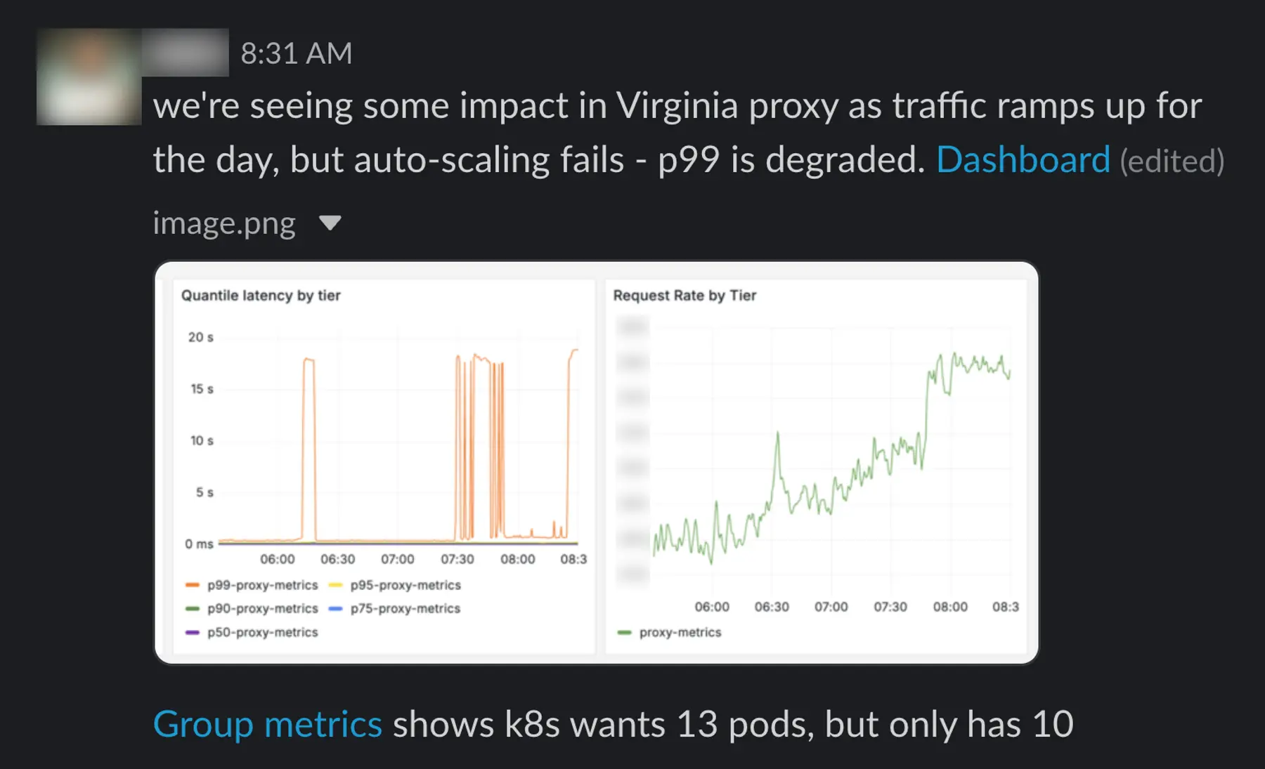 Slack communication regarding Virginia proxy performance during the incident