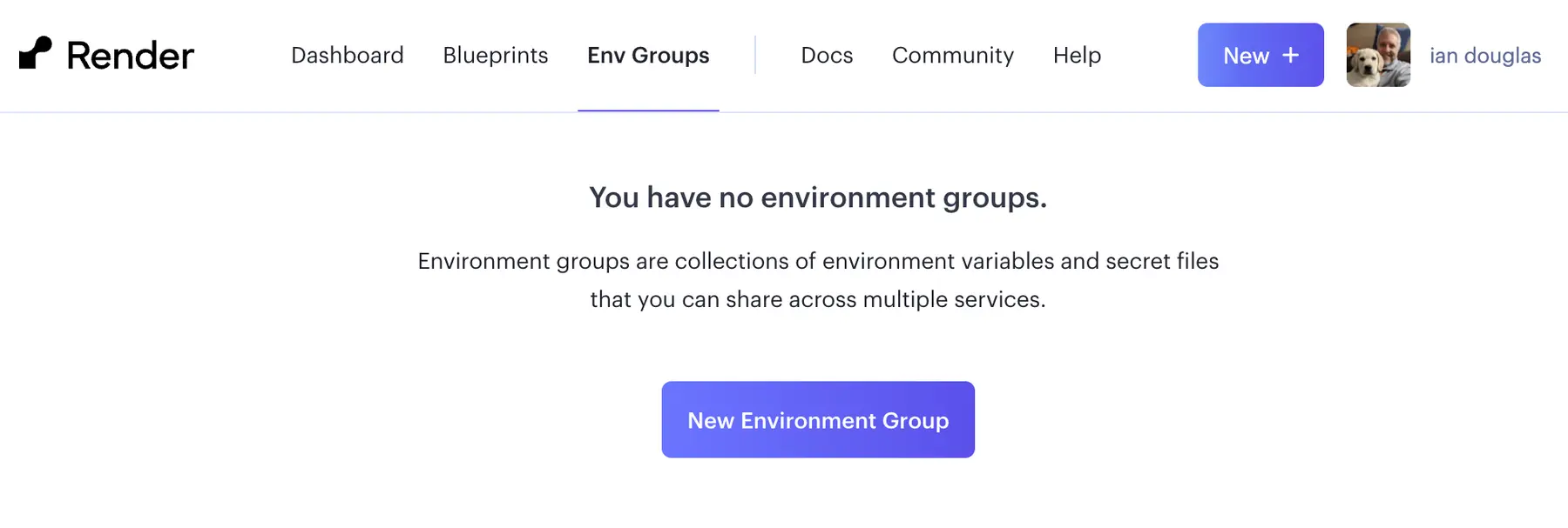 Screenshot showing how to access the Environment Groups from the Render Dashboard