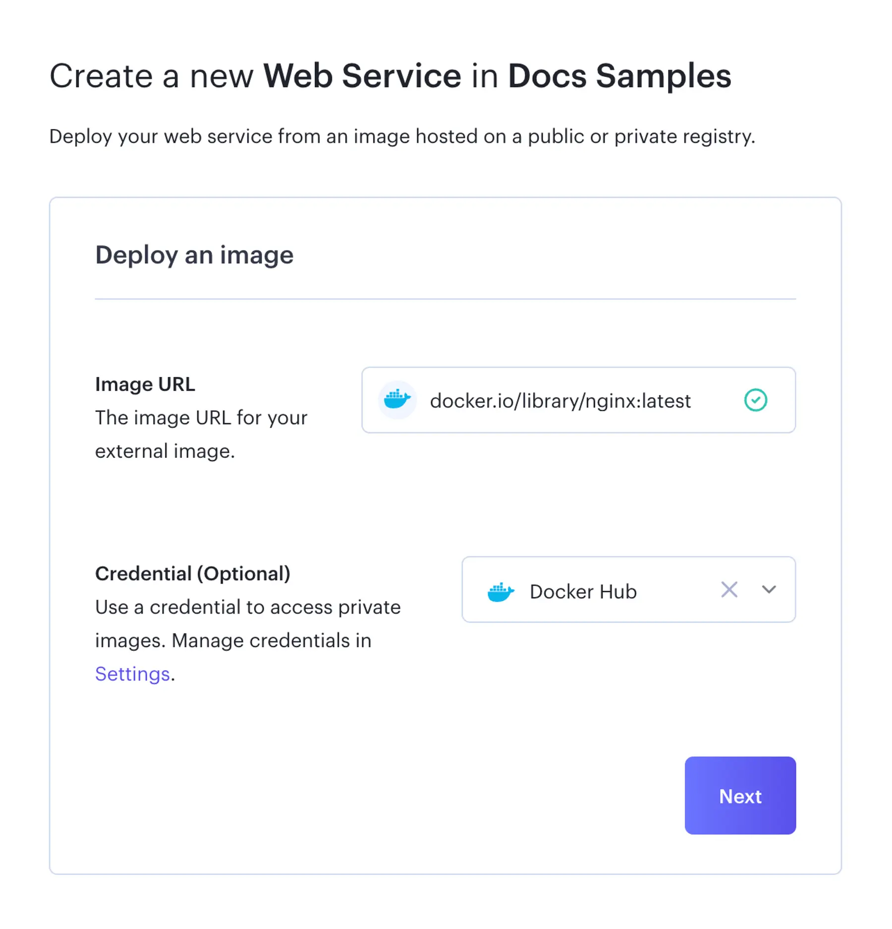UI for specifying a Docker image URL and credentials