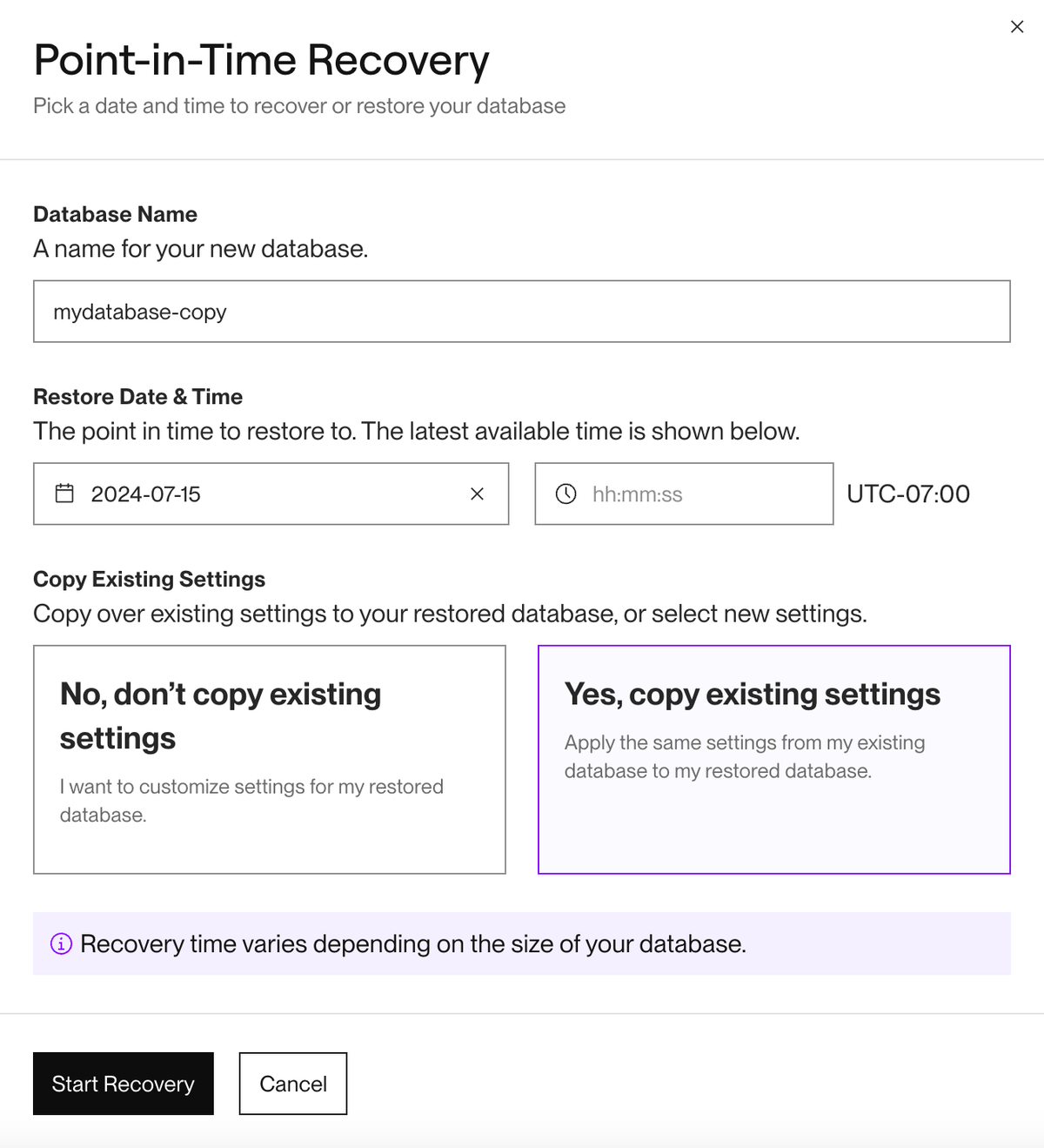 Point-in-time recovery in the Render Dashboard