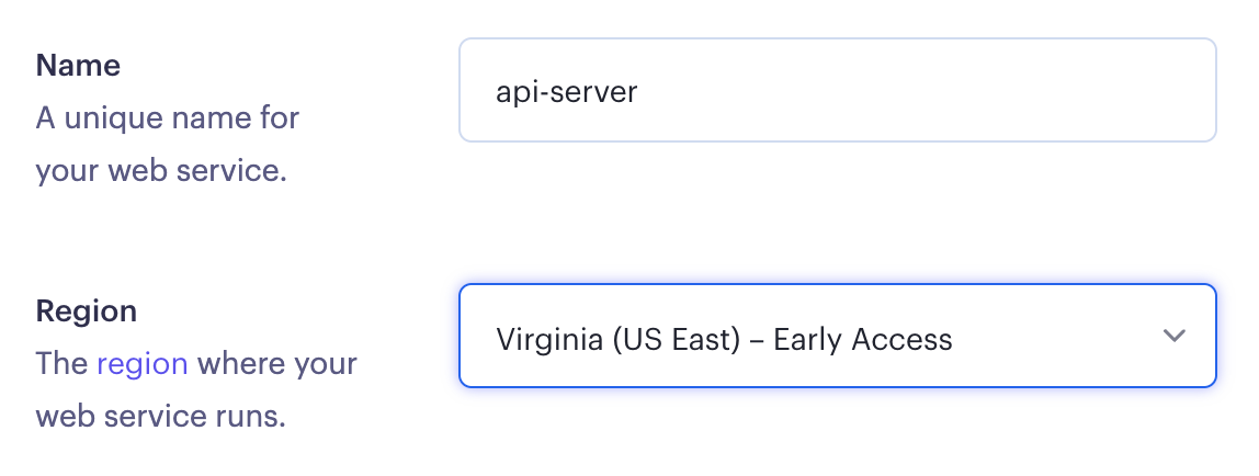 Specifying the Virginia region during service creation