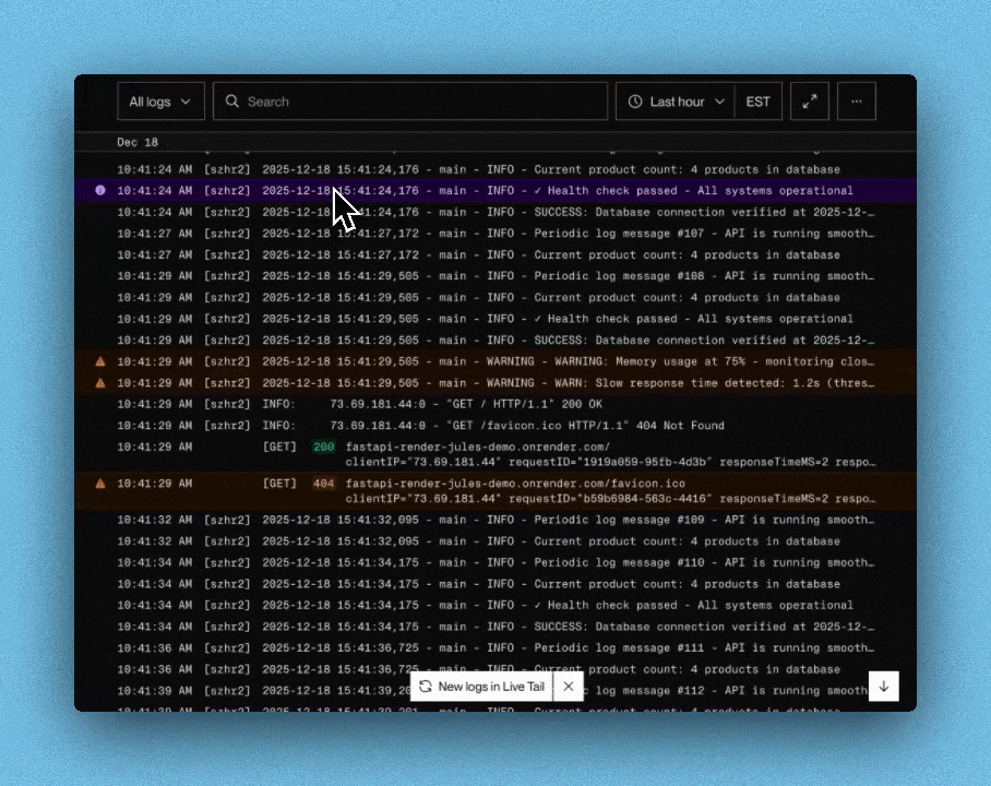 Expand errors, open lines in detail view, toggle live tail mode, and more.
