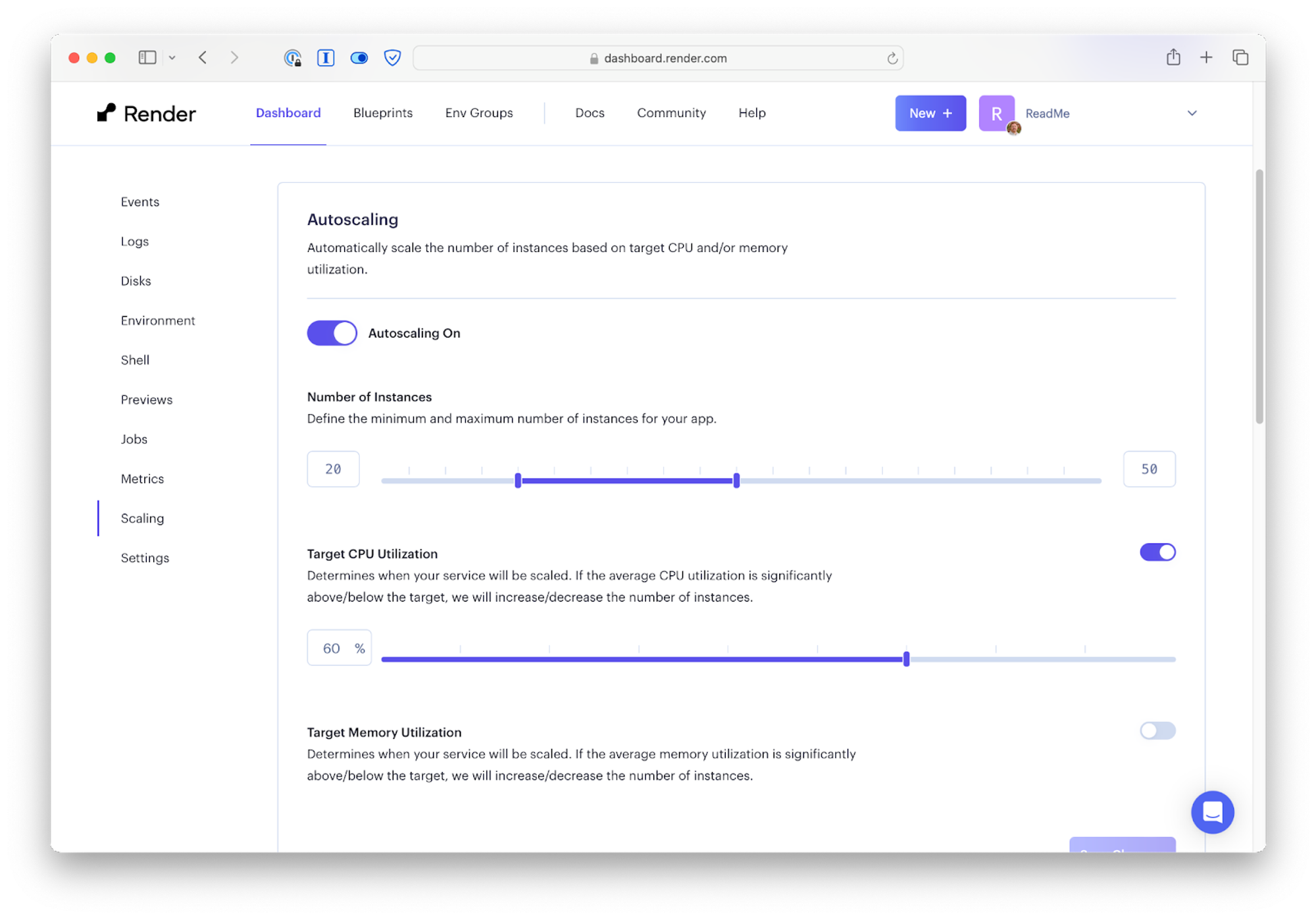 ReadMe handles variable traffic by autoscaling their web service on Render.