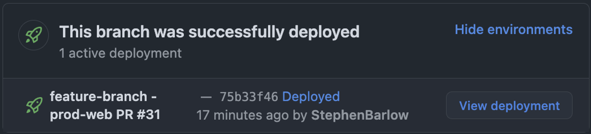 A PR preview's associated GitHub deploy