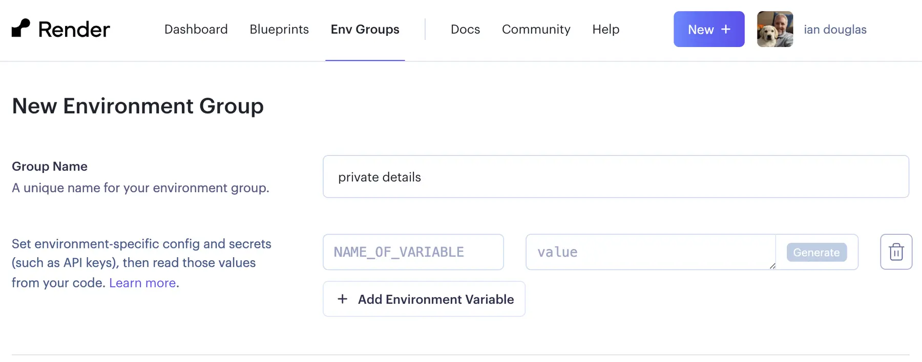 Screenshot showing how an environment group can be given a custom name