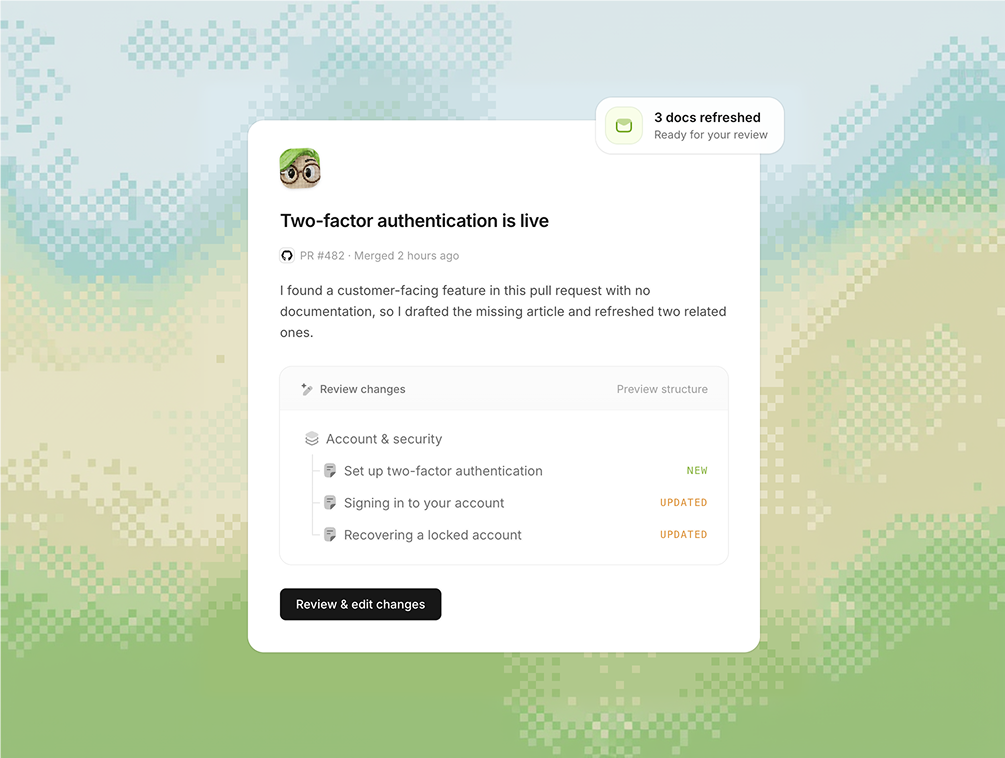 Image of Ferndesk home page that describes their ai-native help center as the The help center for those who hate writing docs