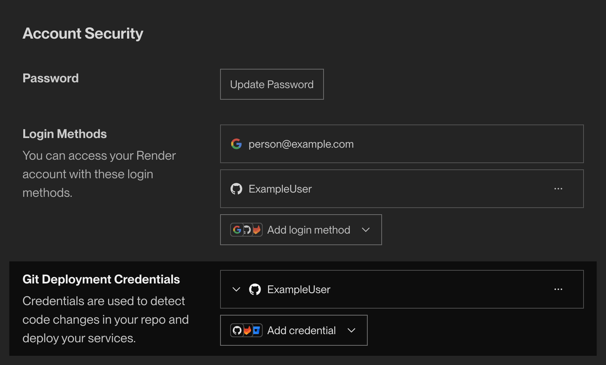 Configuring deployment credentials in the Render Dashboard