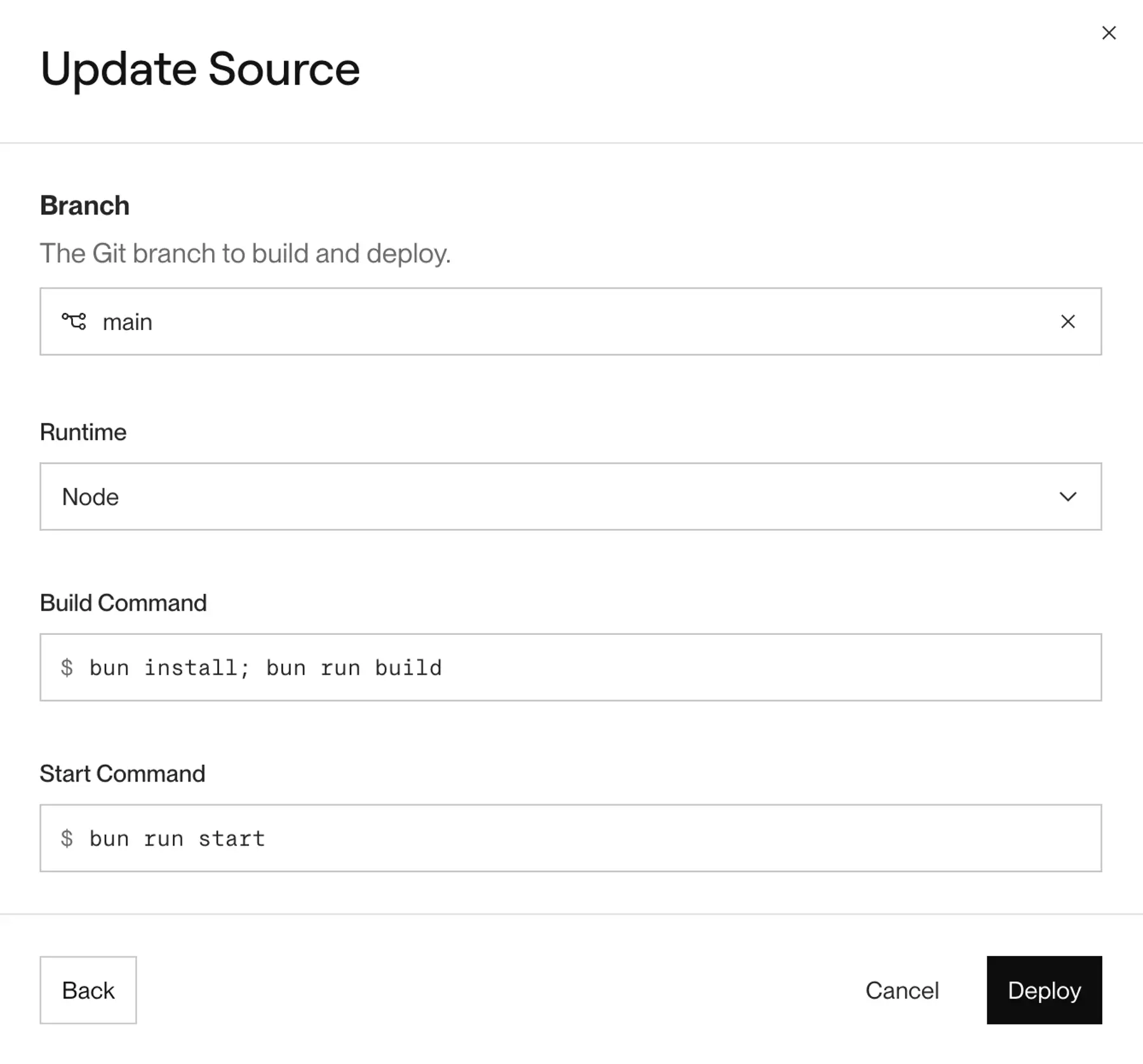 Selecting runtime, build command, and start command