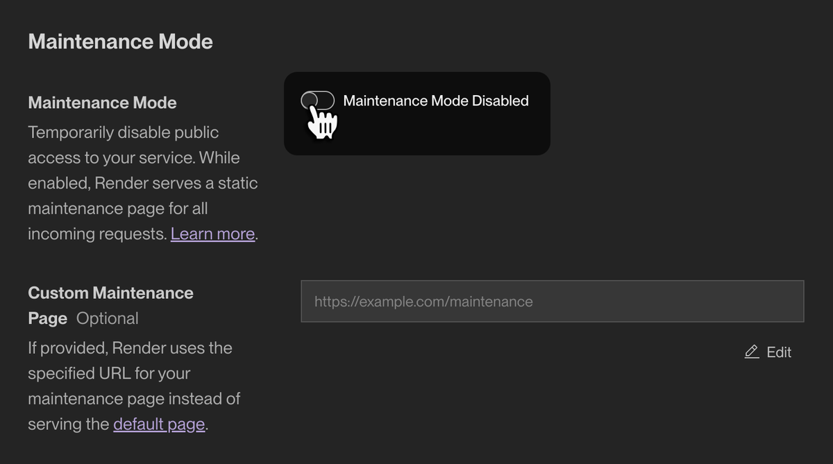 Enabling maintenance mode in the Render Dashboard