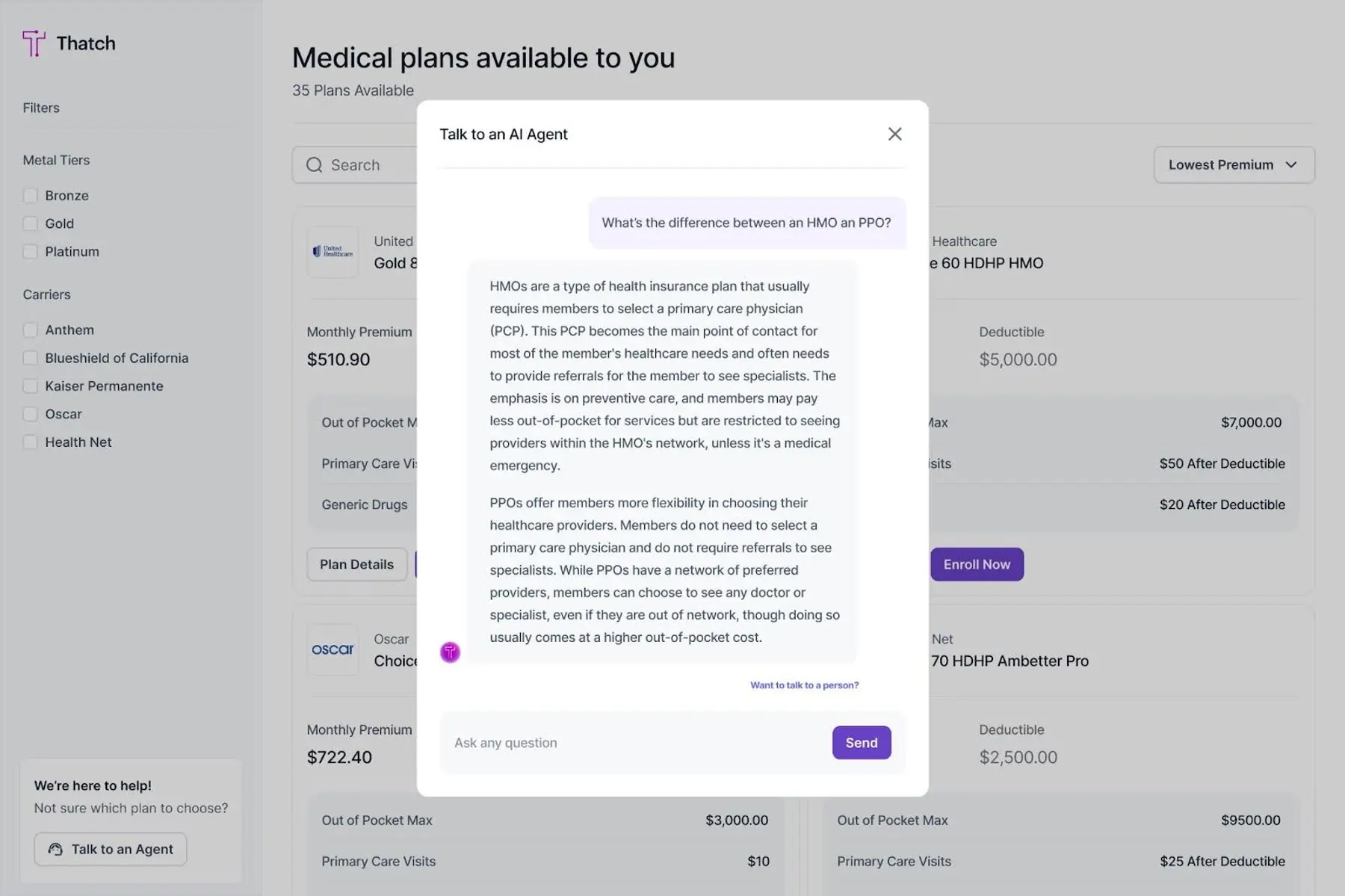 An AI agent helps employees choose from dozens of health, dental, and vision insurance plans.