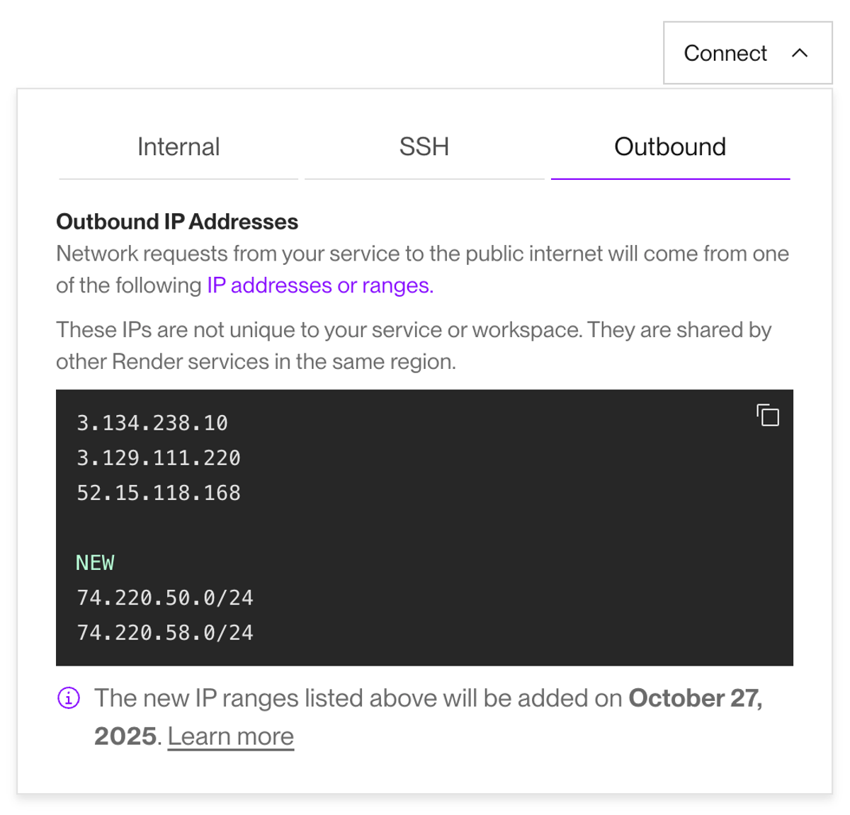 Viewing new outbound IP ranges in the Render Dashboard
