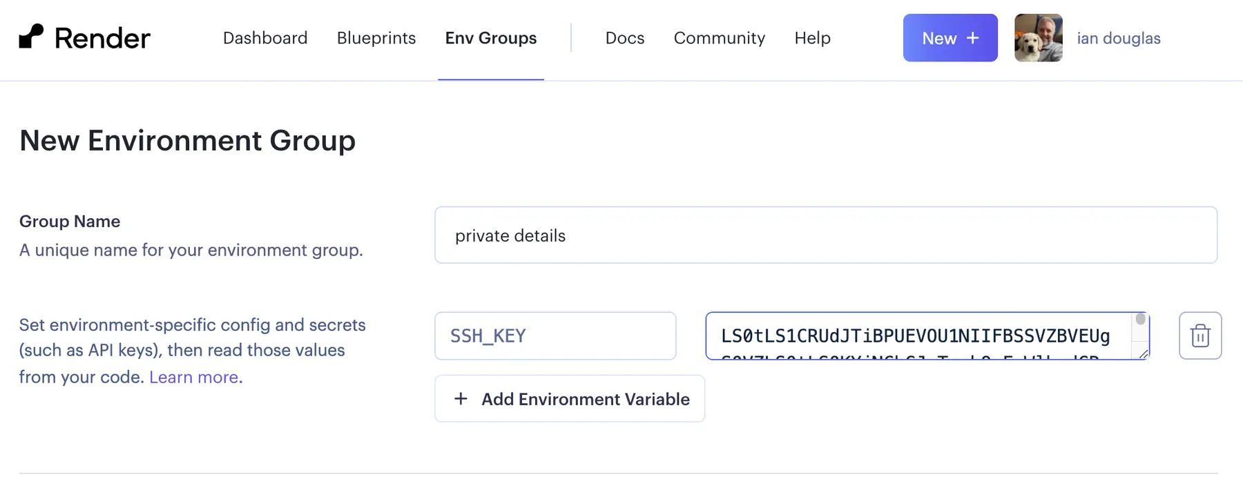 Screenshot showing the SSH_KEY environment variable and its value pasted from our command-line work and Base64-encoded version of the SSH private key