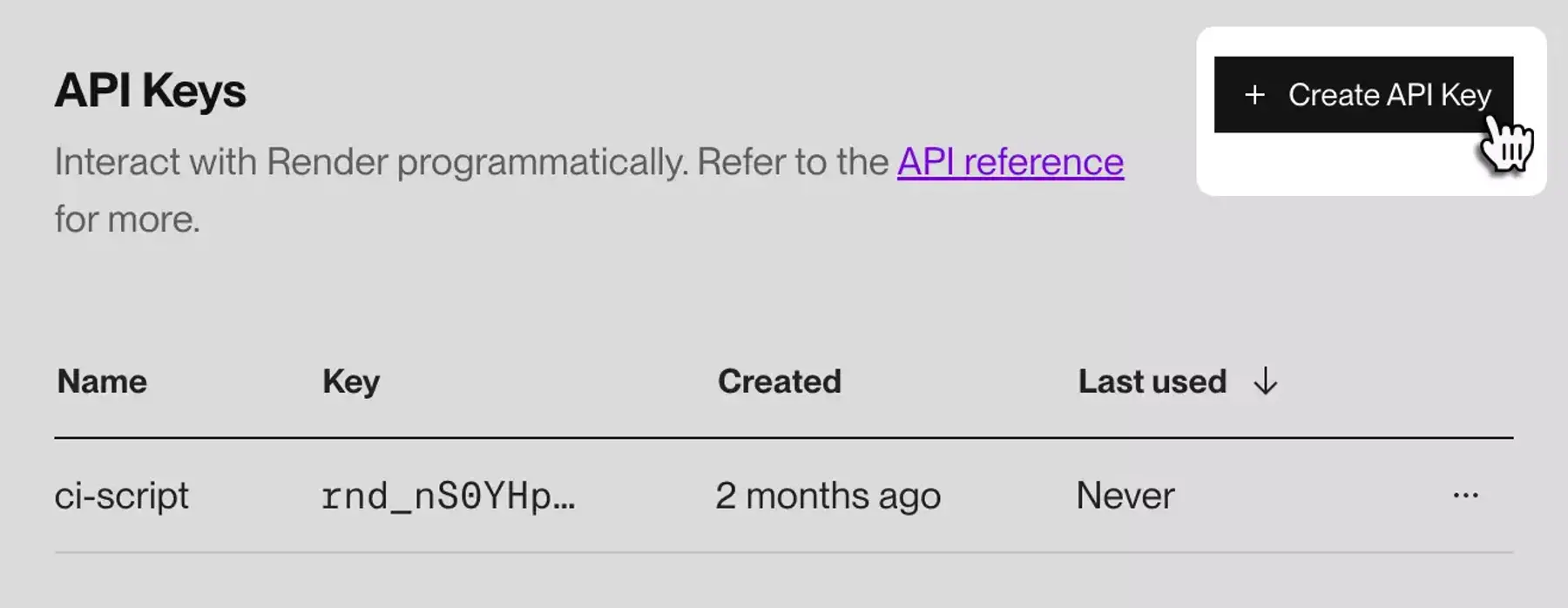 Creating an API key in the Render Dashboard