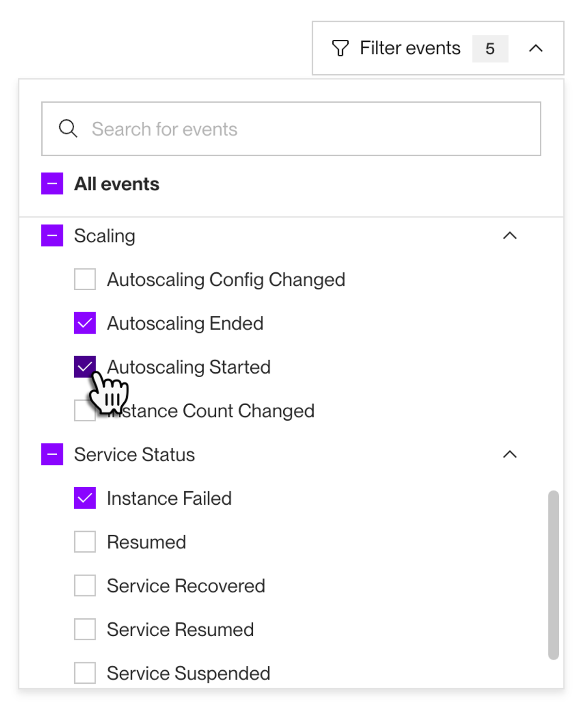 Selecting service events to display in metrics