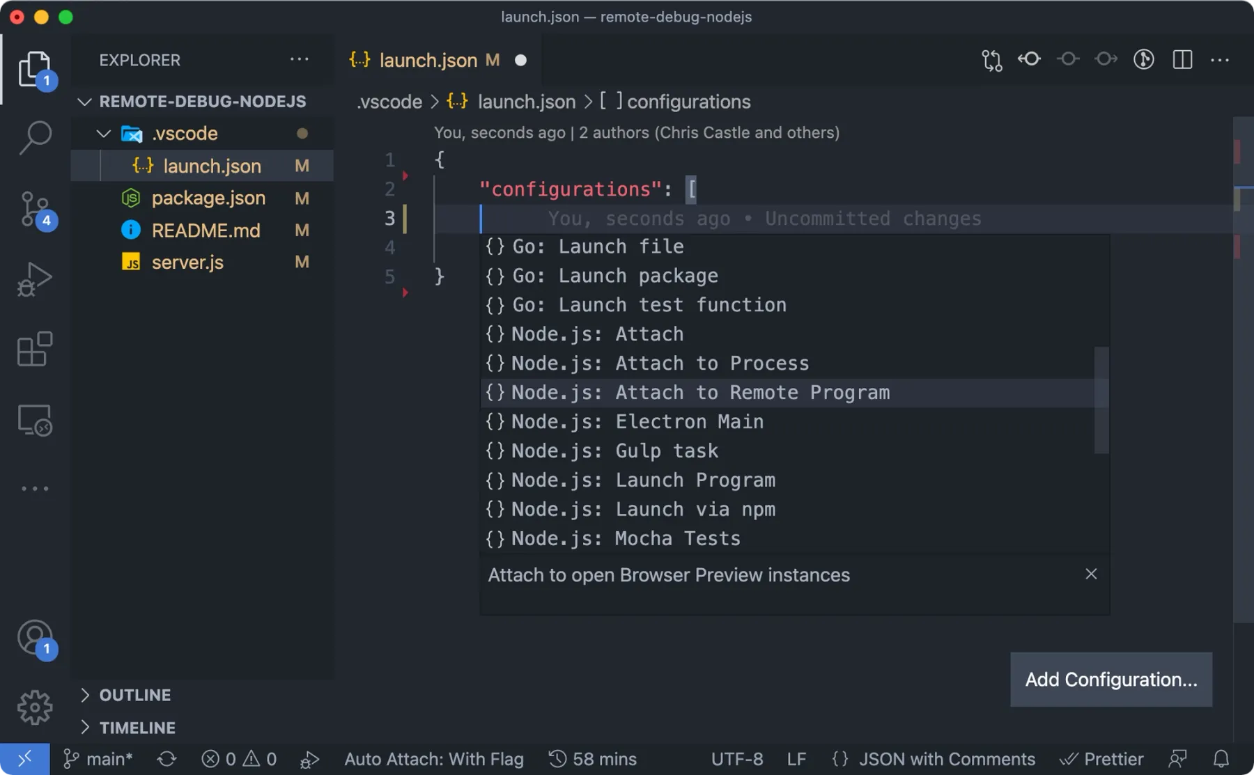 Configuring VS Code to remotely debug a Node.js process