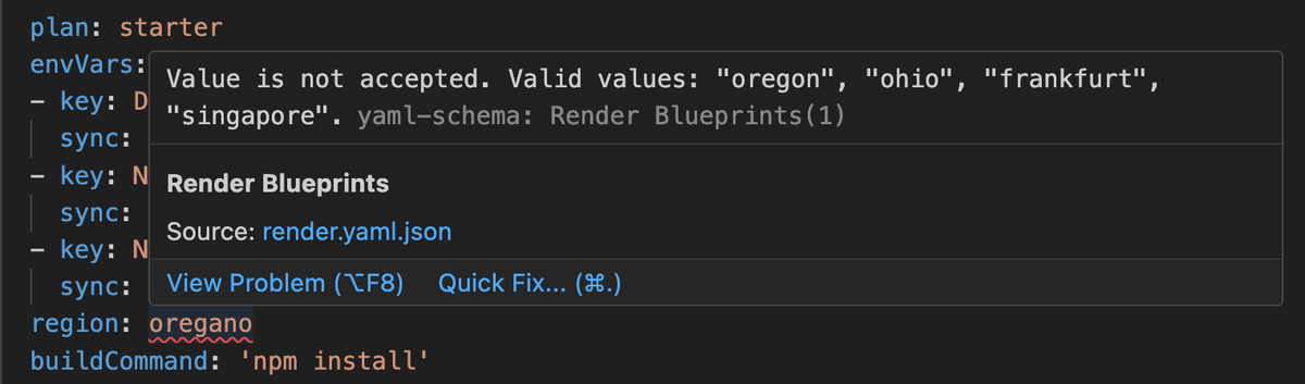 An example of render.yaml validation in VS Code