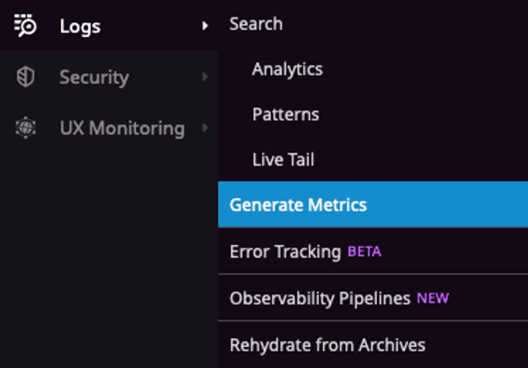 Selecting Generate Metrics in Datadog