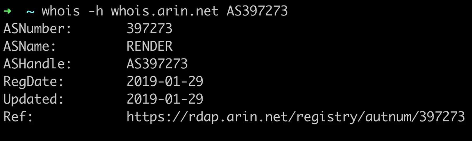 A screenshot showing a whois lookup for Render's ASN