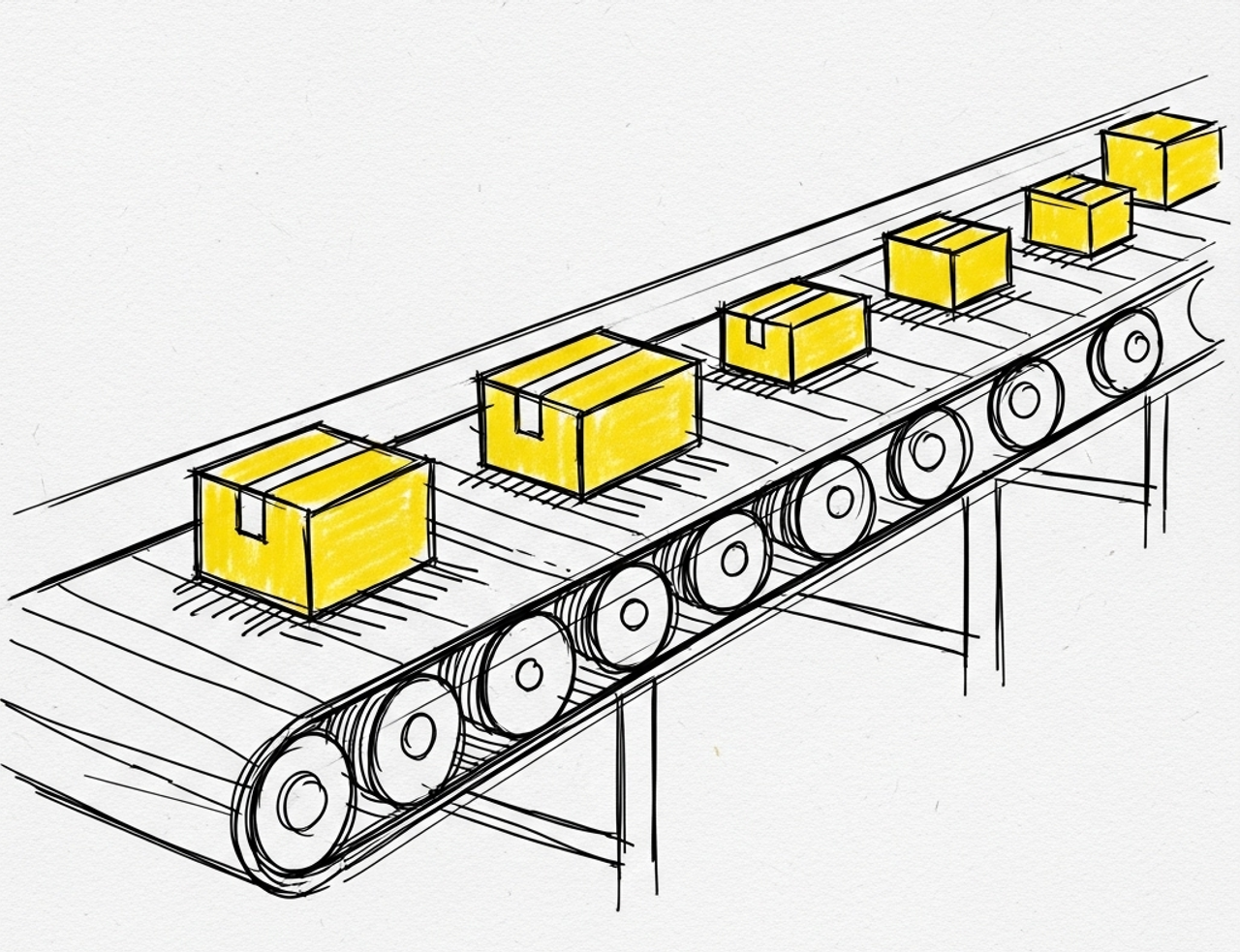Convey belt with yellow packages, rough minimalistic sketch