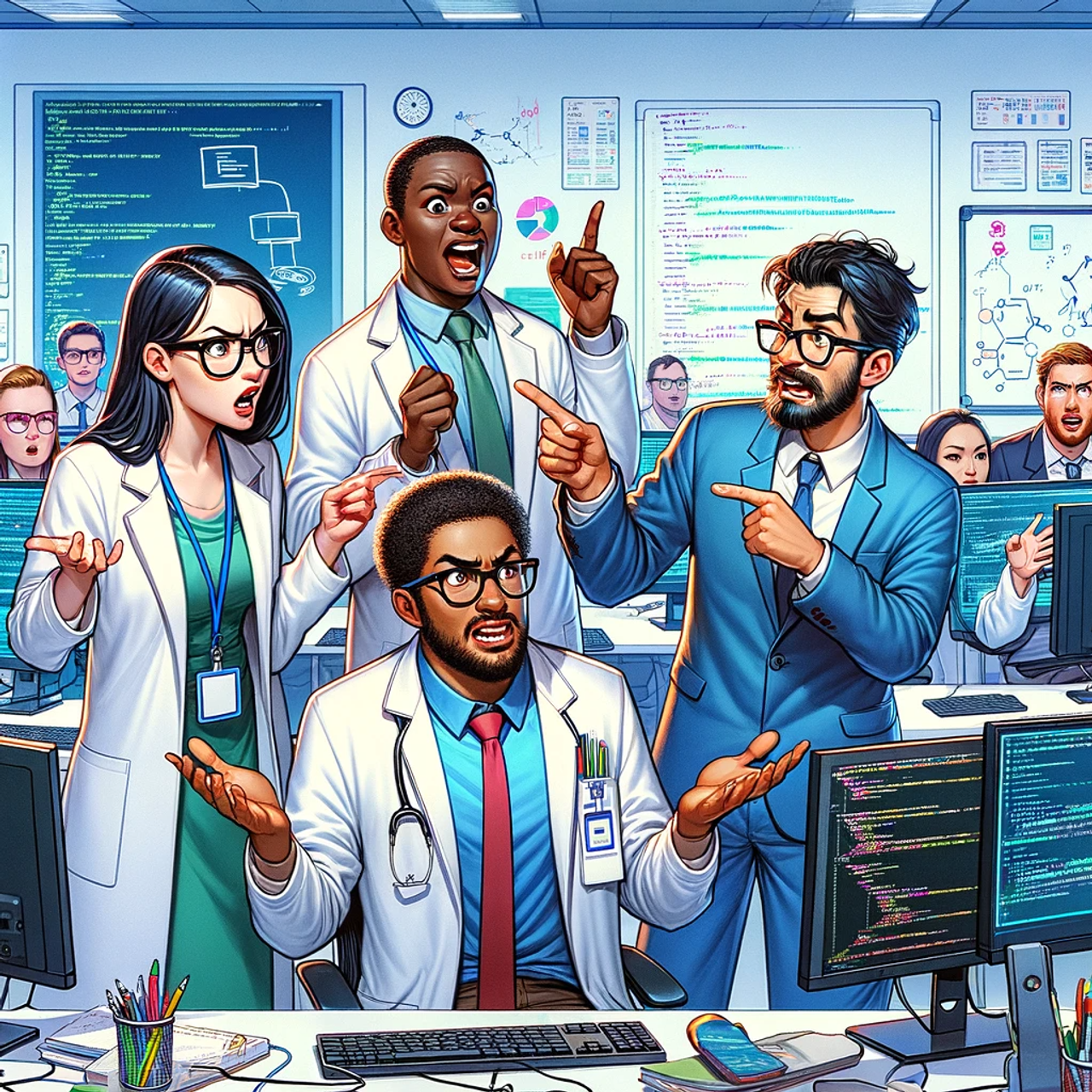 A humorous scene depicting computer scientists engaged in a controversial discussion.