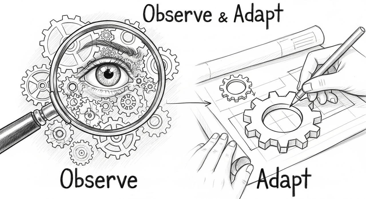 Sketch of the agile concept 'Observe and Adapt': 'Observe': a system of gears under a magnifying glass, 'Adapt': Drawing a new Gear