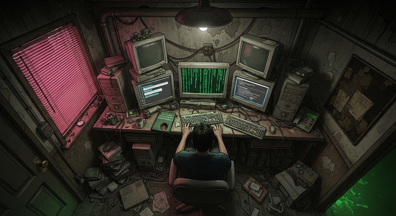 A cinematic, birdeye view of a developer in a dark, cluttered apartment reminiscent of The Matrix. The room is filled with multiple CRT monitors, wires, and old computer parts. One monitor displays the green Matrix code. The lighting is dim, primarily from the screens, with harsh shadows and a violet neon glow from a window. The style is gritty, late-90s cyberpunk with a rough, Animatrix sketch-like quality, conveying a sense of unease and digital confinement.