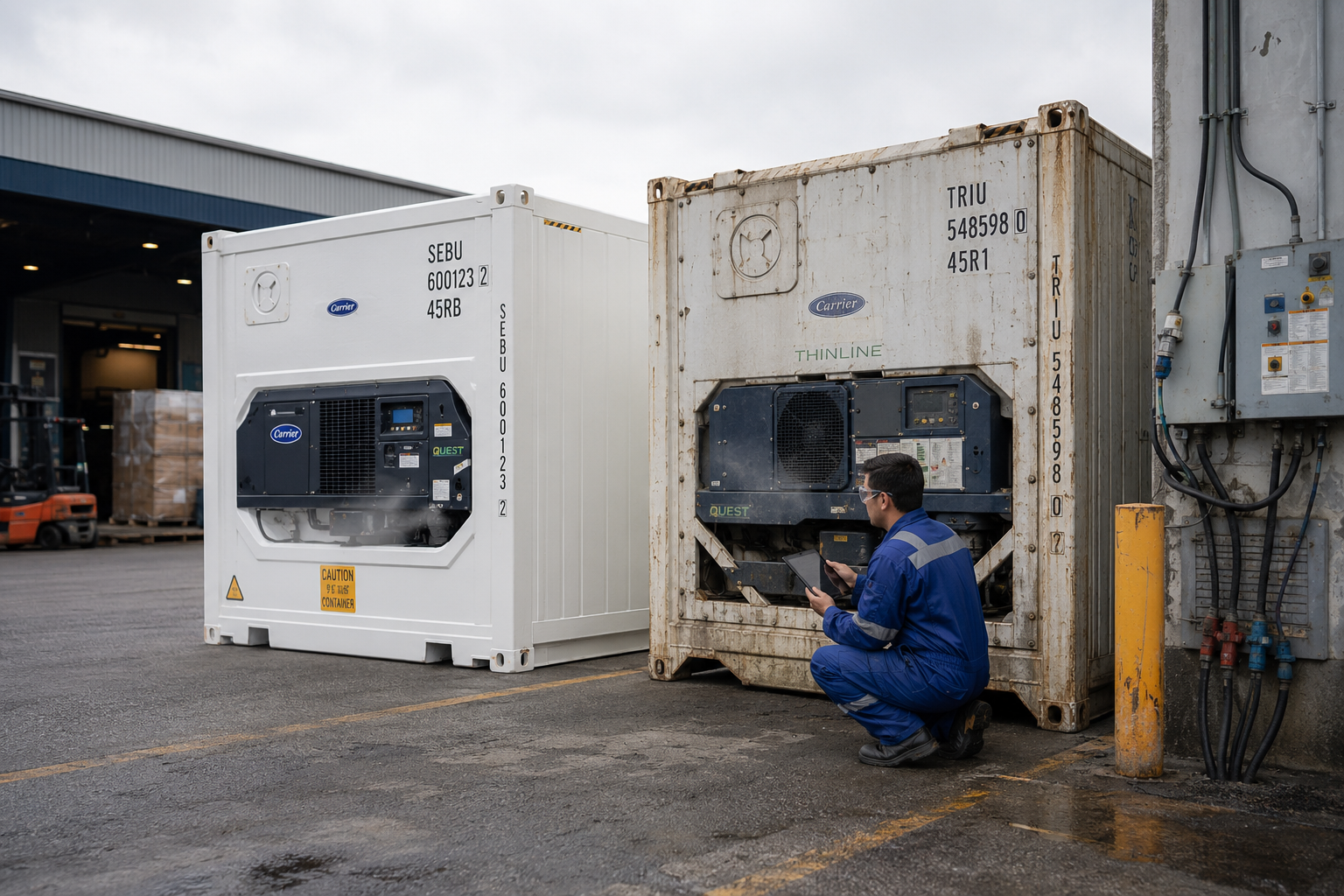 comparison scene of a brand new white refrigerated shipping container (reefer) and a used, slightly weathered one