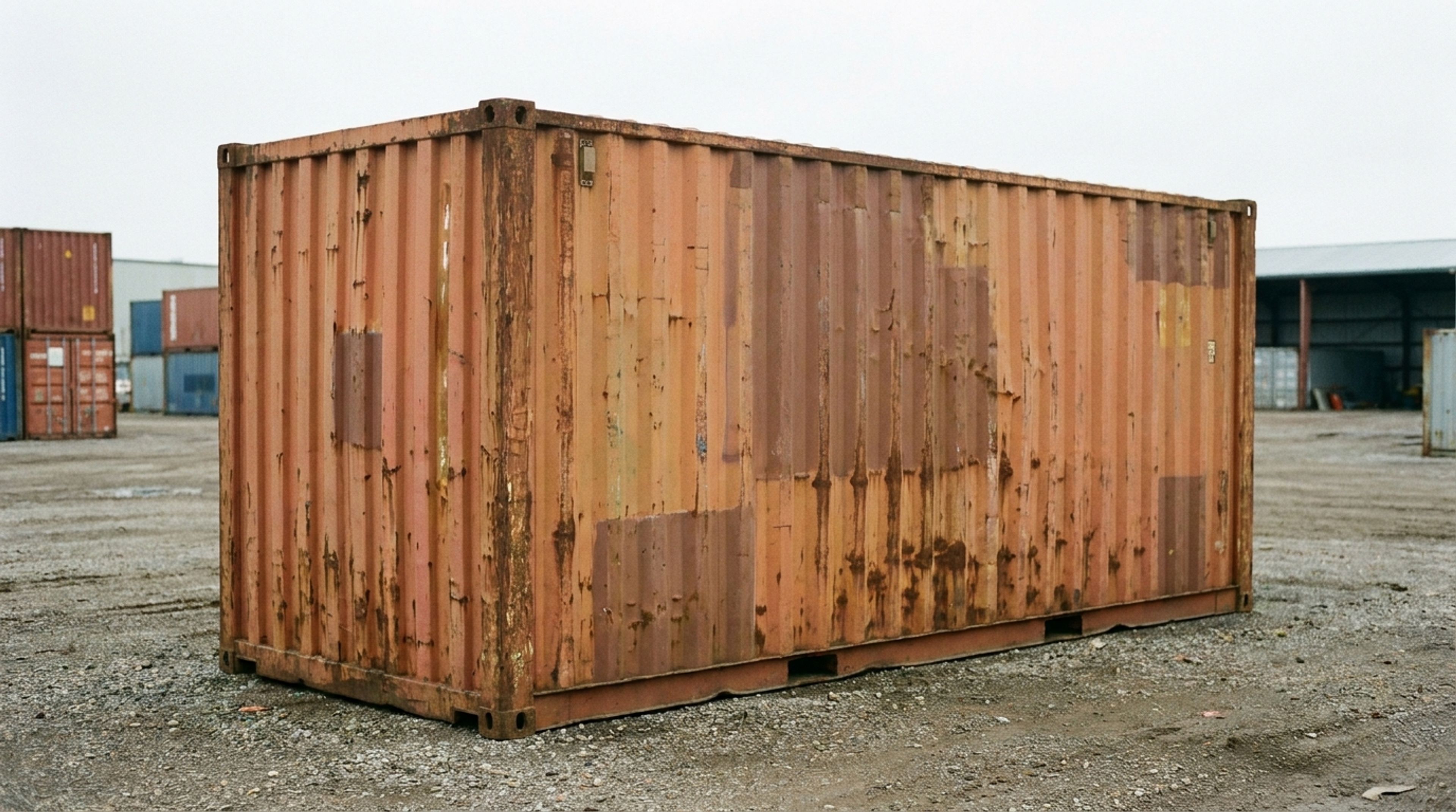 A weathered steel shipping container showing surface rust, illustrating container lifespan and upkeep