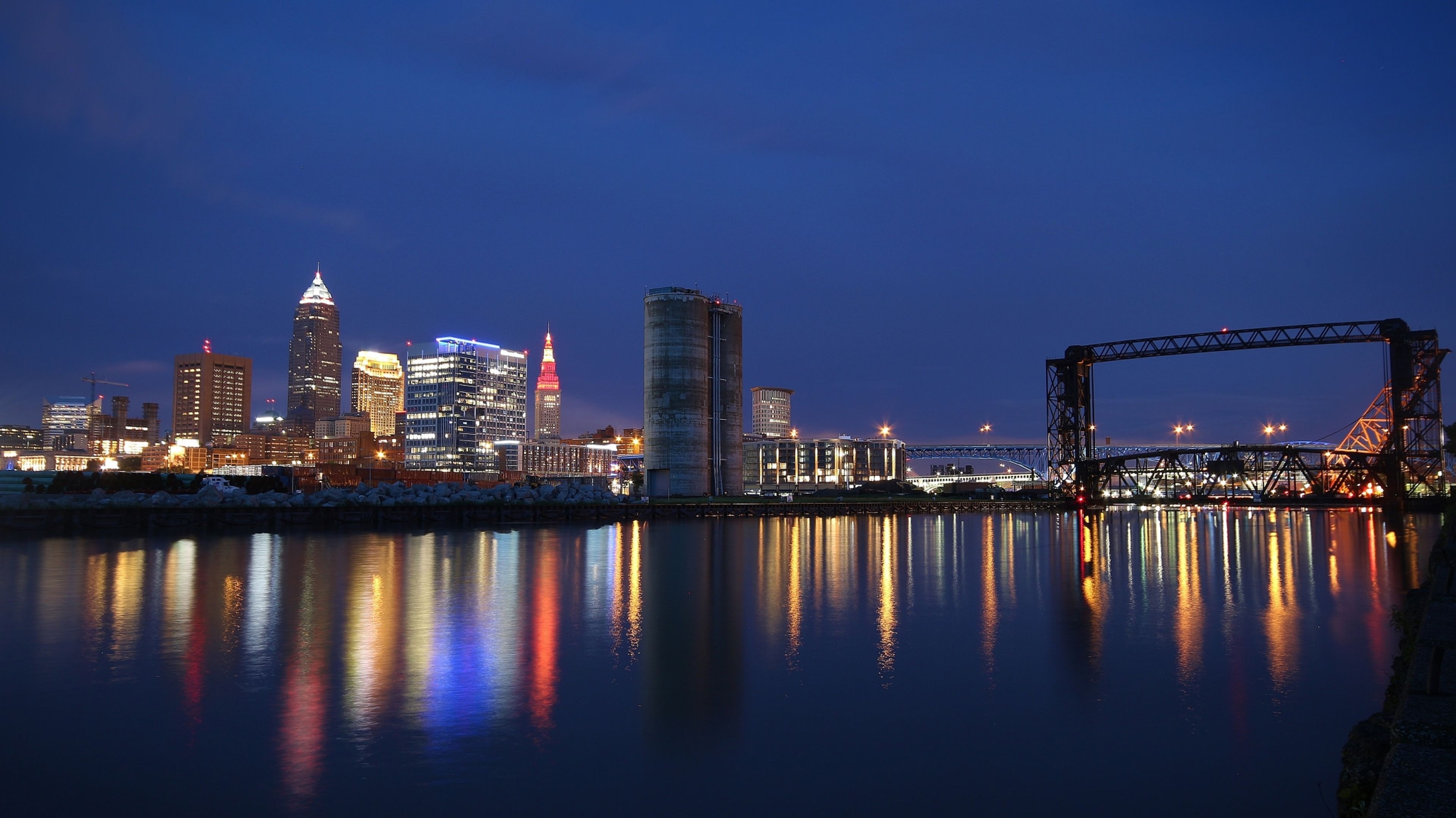 Downtown Cleveland skyline and the mouth of the Cuyahoga River at night, seen from Wendy Park