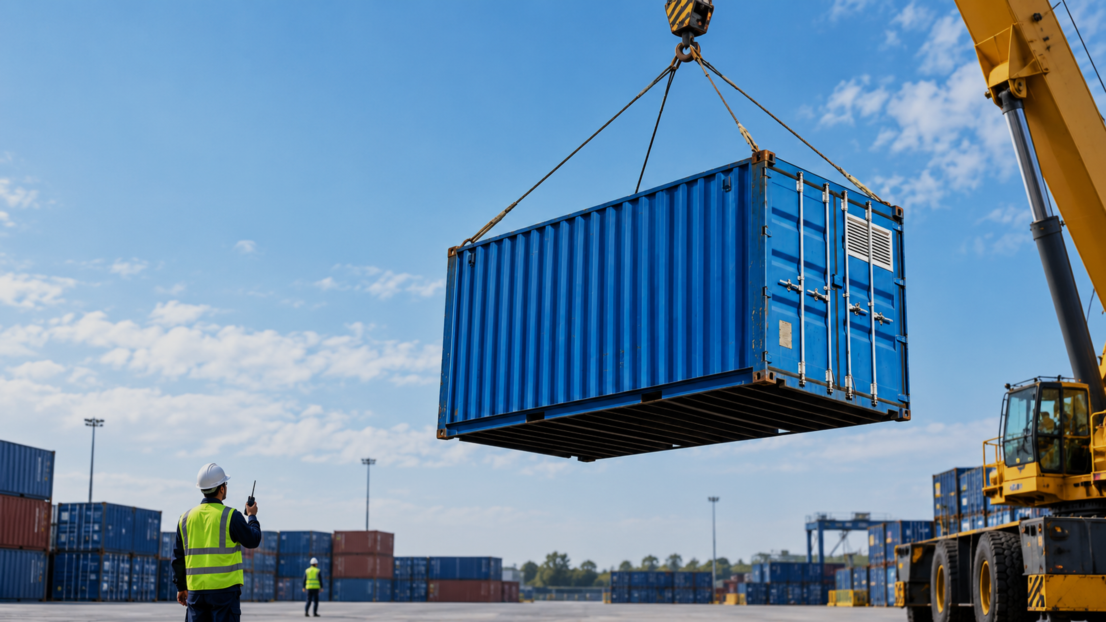 Rows of stacked blue and grey containers in a US yard, with a forklift moving one into position.