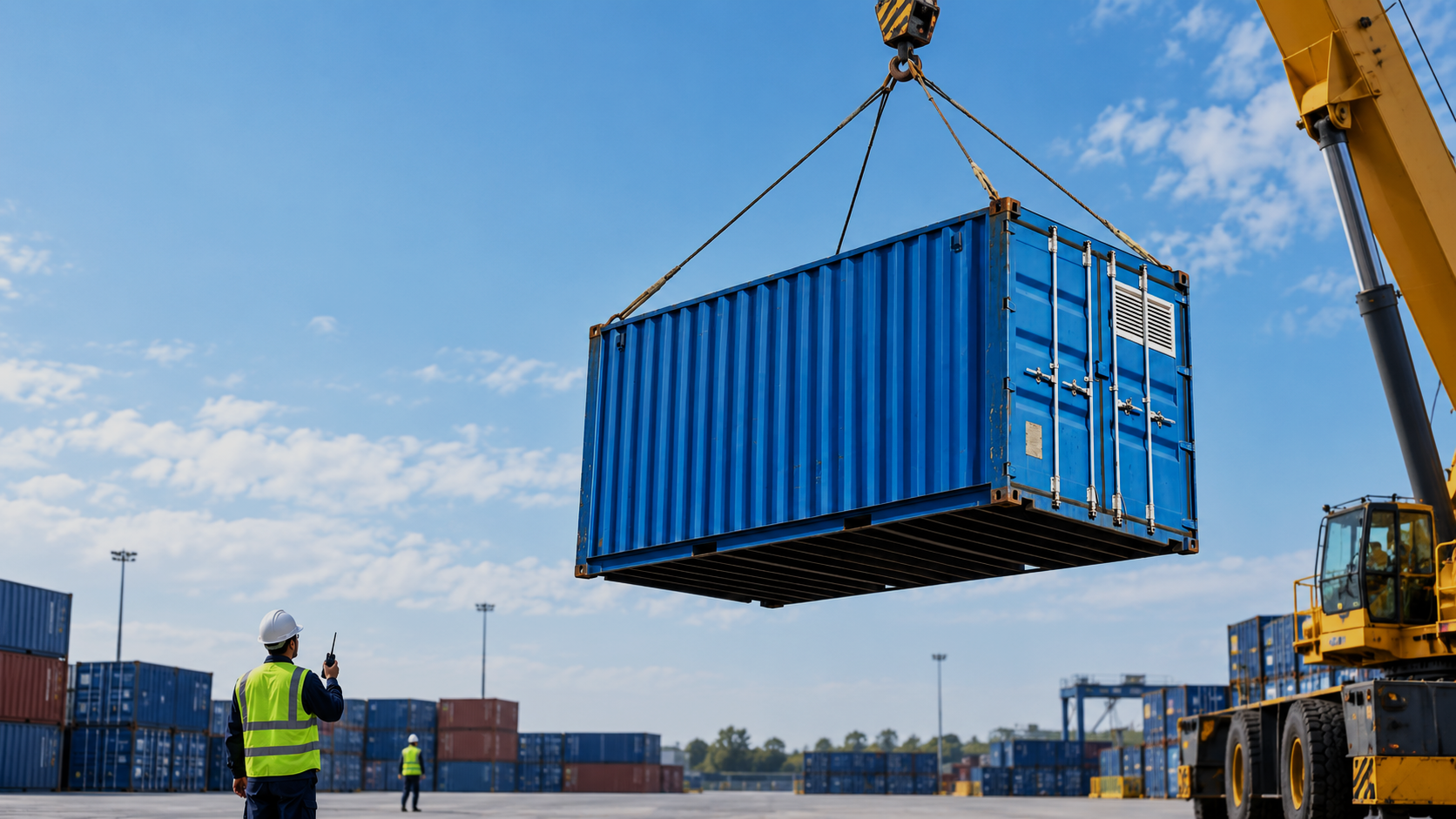 Rows of stacked blue and grey containers in a US yard, with a forklift moving one into position.