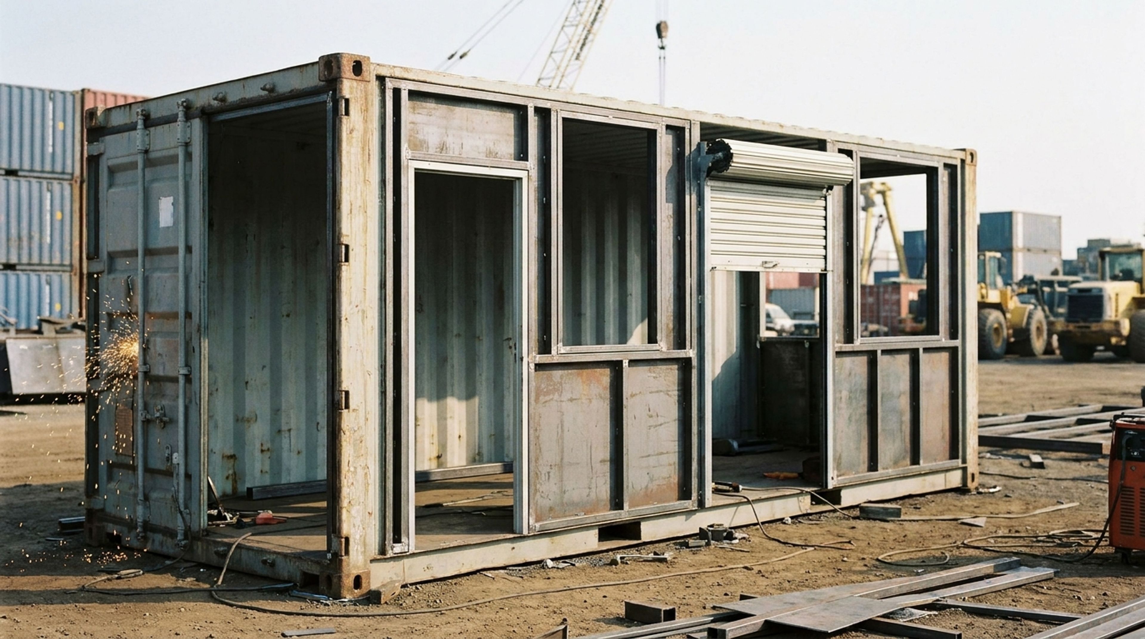 A shipping container being modified with a cut-in personnel door, windows, and a roll-up shutter