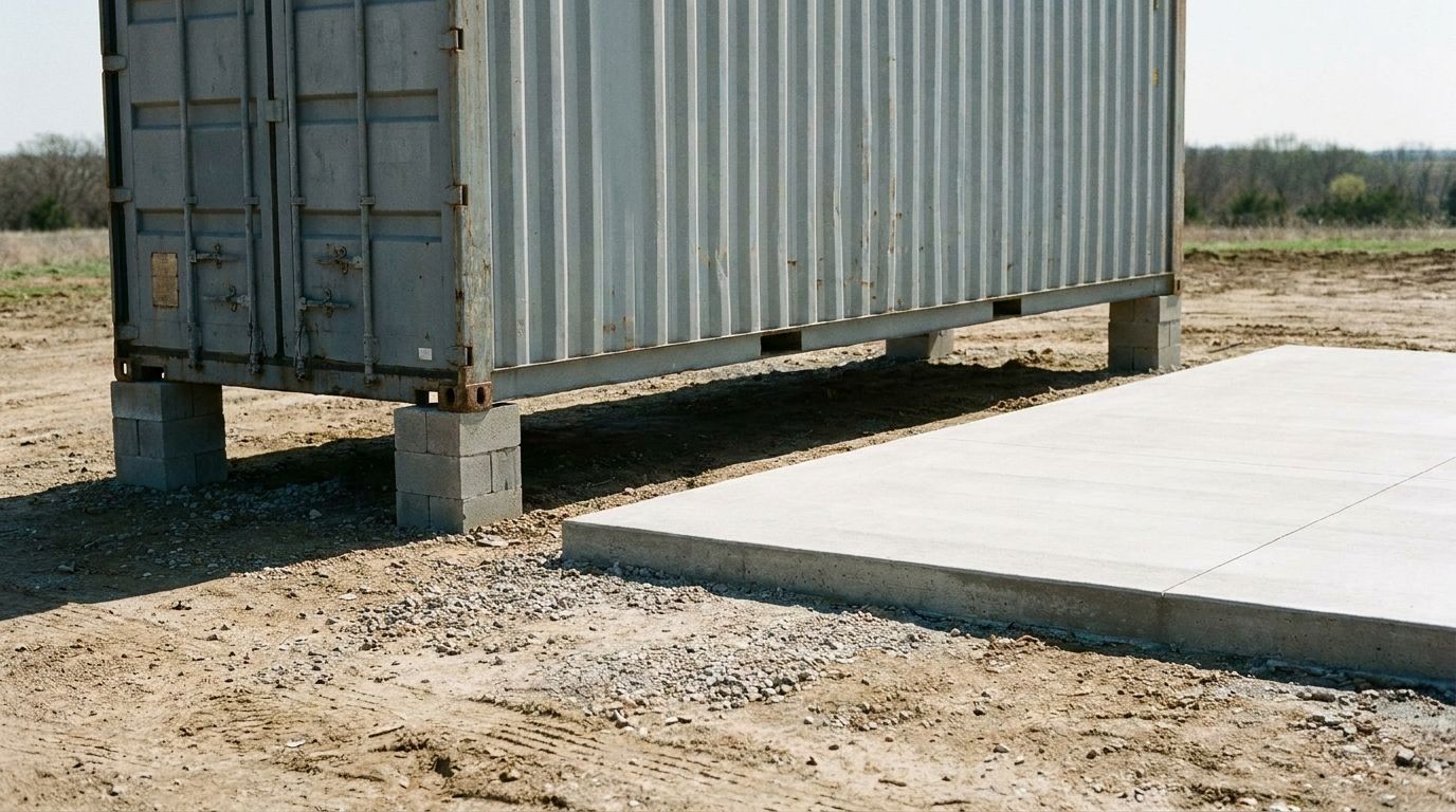 A shipping container resting on concrete pier blocks beside a poured concrete slab foundation